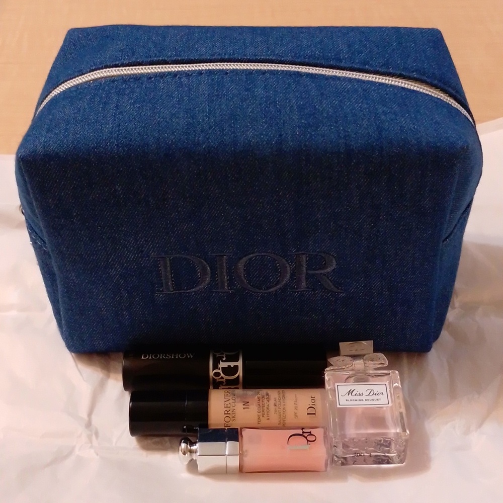 Dior Denim Cosmetic Travel Pouch Bag Case w Mini Makeup